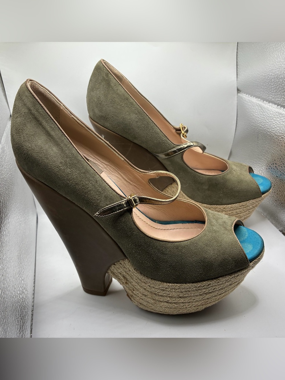 Baldan Italy Peep Toe Platform Mary Jane Heels Olive Suede EU 38 Women’s 8